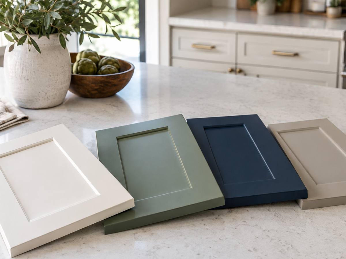 Three sample doors sprayed in green, navy and white laid out on a counter.