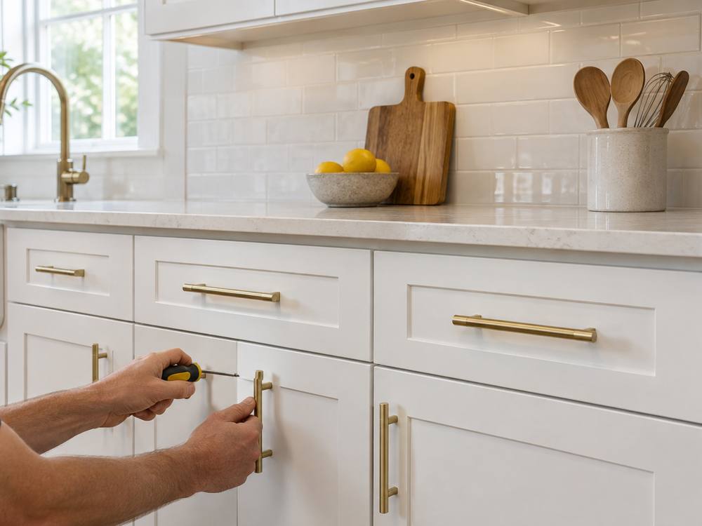 Fitting brass bar pulls onto white shaker drawer fronts and doors