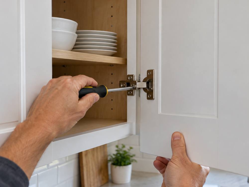 Hands adjusting a soft-close hinge on a freshly painted white door