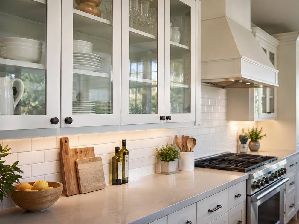 White glass-front upper cabinets with black knobs above a gas range