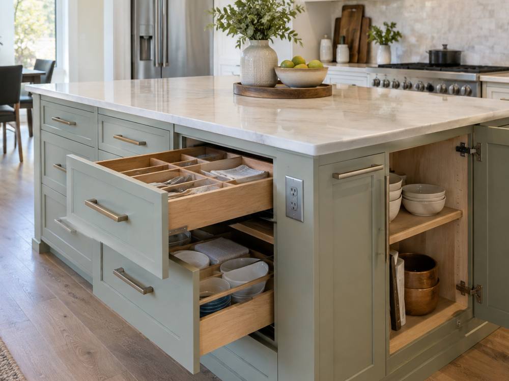 Sage green island with fitted cutlery drawers and open shelving