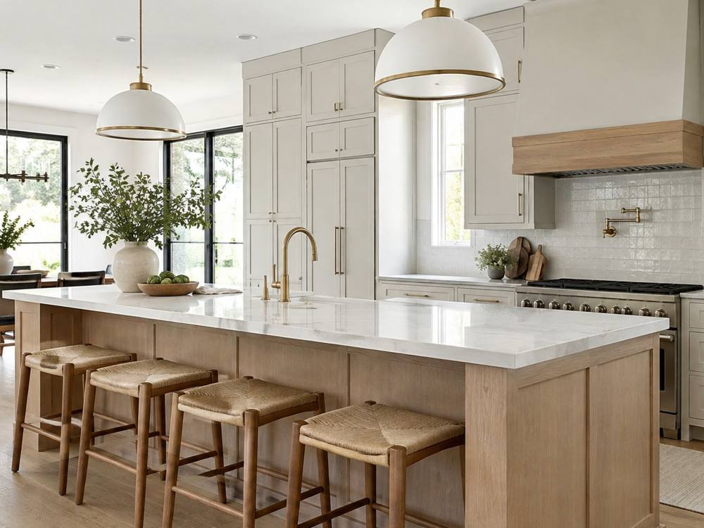 Open-plan kitchen with greige cabinets, a wood island and brass fixtures