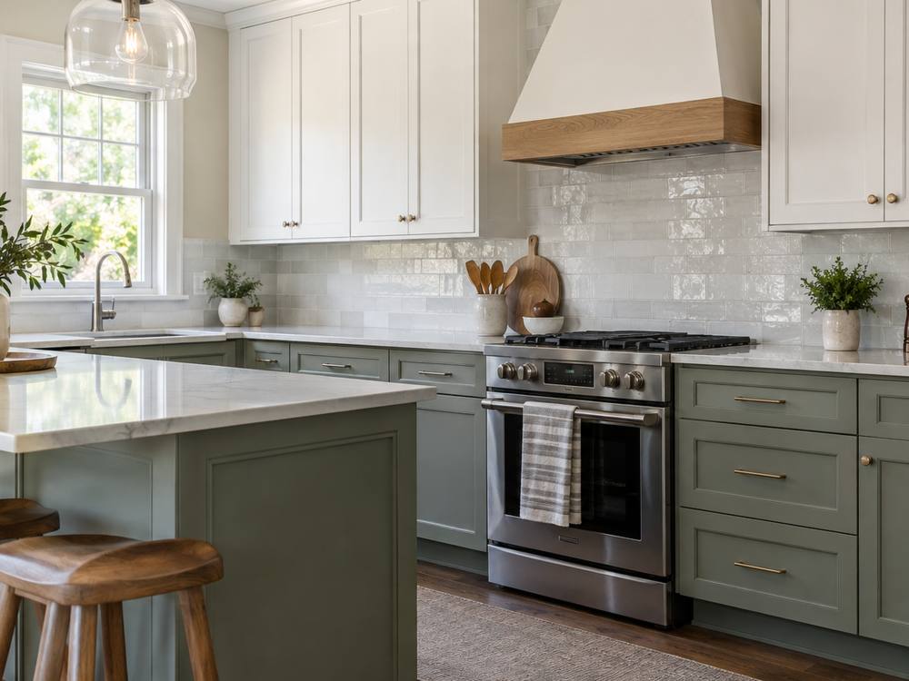 White upper cabinets above sage green lower cabinets and island