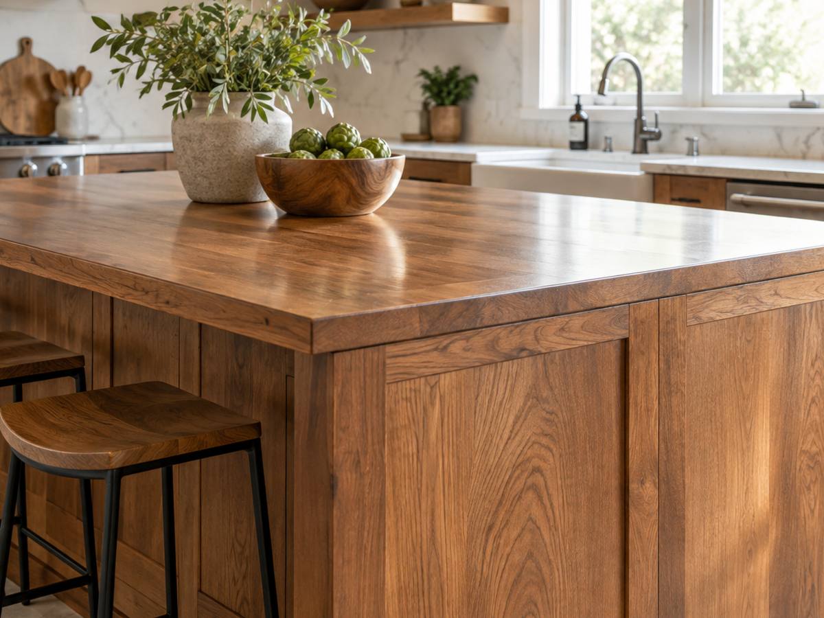 A restored wood island with stools standing in a bright white painted kitchen.