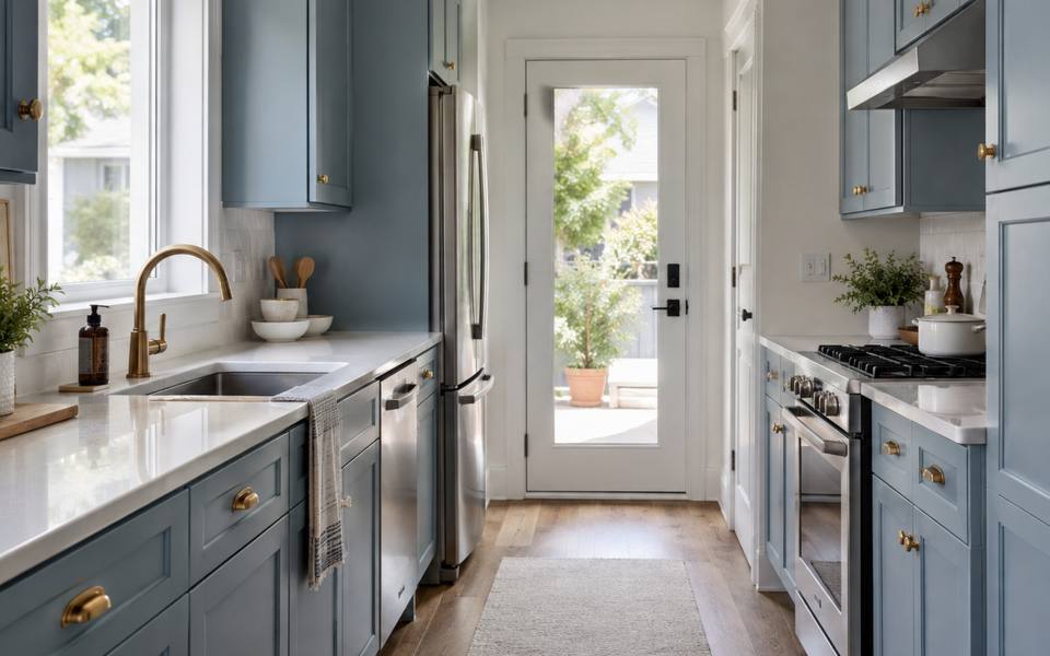 A blue-grey painted galley kitchen photographed along its length.