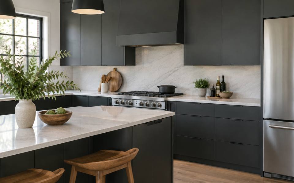 A charcoal grey slab-front modern kitchen finished with wood accents.