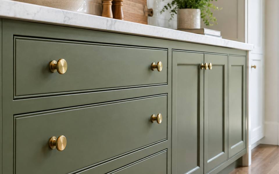 A close view of sage green drawer fronts fitted with brass knobs.