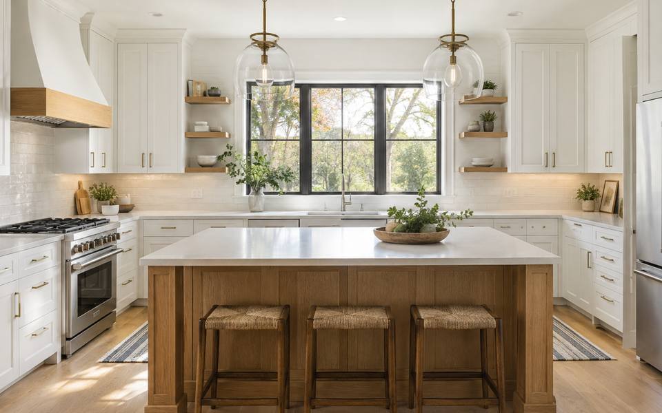 A cream remodelled kitchen built around a large custom island.