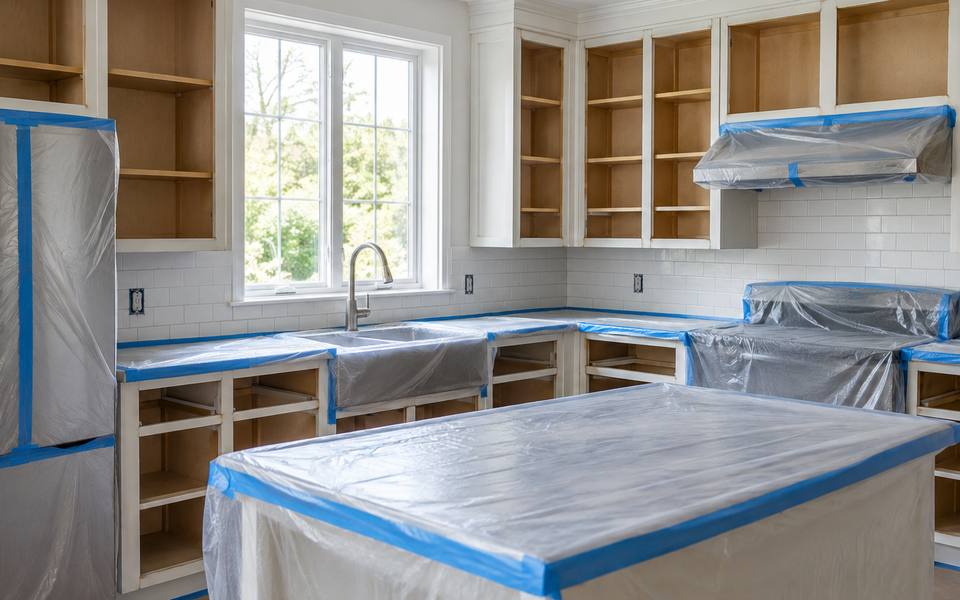 A Vaughan kitchen masked with plastic sheeting and tape, doors already removed.