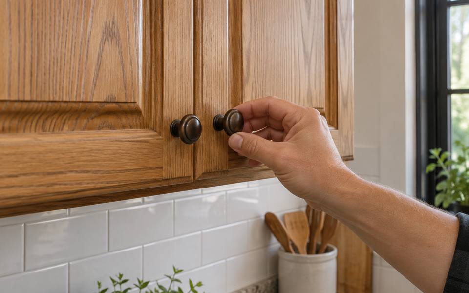 An oil-rubbed bronze knob mounted on an oak cabinet door.