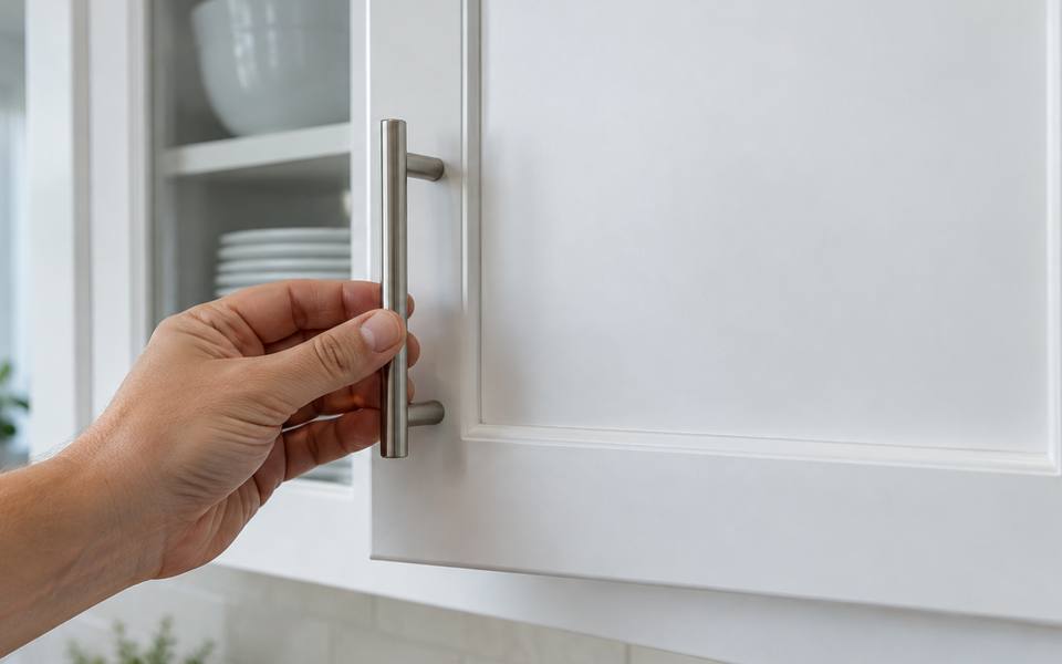A hand checking the smooth sprayed finish on a white cabinet door.