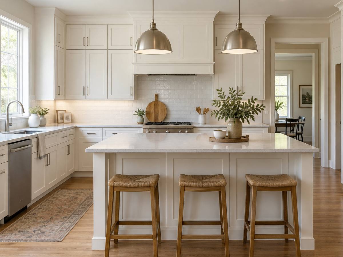 A bright white shaker kitchen with a painted island and a range.